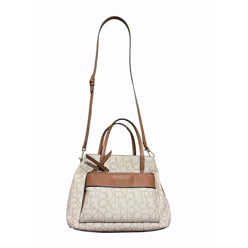 Calvin‎ Klein Signature Monogram Satchel Crossbody Beige Brown Zip Bag